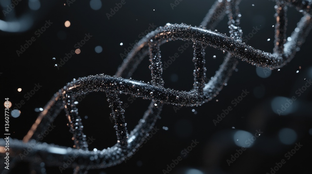 Poster a sleek, dark sci-fi concept featuring a floating dna strand with particle effects.