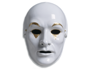 Intriguing porcelain mask with hairline fracture and golden accents, creating a captivating blend of fragility, artistry, and symbolic depth, evokes emotions