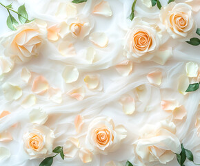 Obraz premium cream roses and petals, silk ribbons top view, wedding mockup