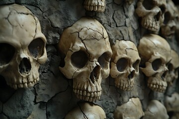 Obraz premium Photo-realistic wall of stone and cracked clay skulls, hyper-detailed with cinematic lighting, emphasizing texture and eerie atmosphere.