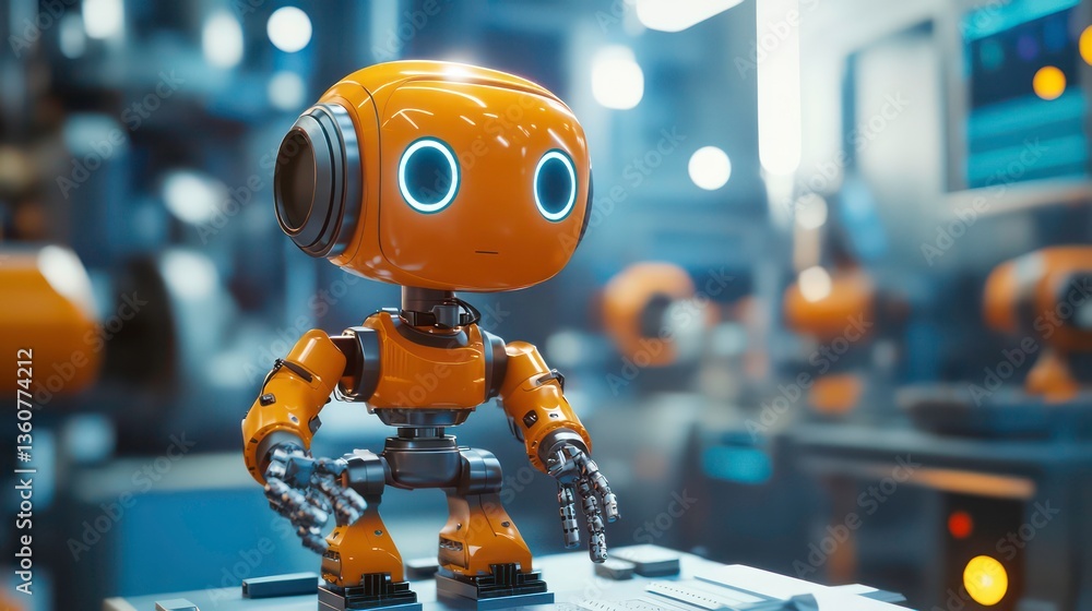 Poster smart industry robots automate manufacturing process in digital factory. iot software manages operat
