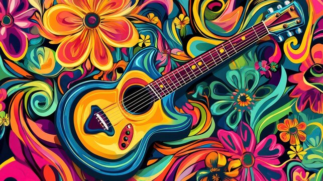 Psychedelic guitar poster. Vibrant colors, flowers. Retro design. Woodstock festival style. Flower child aesthetic. Music poster with peace sign, guitar. Cartoon psychedelic patterns. Retro music of