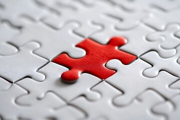 Close-up of a white jigsaw puzzle with one missing red piece, symbolizing strength and power in market challenges, highlighting contrast and the importance of each component.