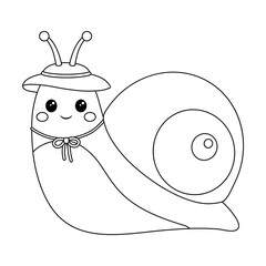 Funny snail in summer hat and with necklace on its neck. Coloring page with mollusk. Black and white outline image for painting.