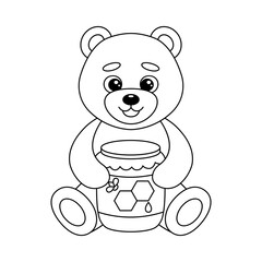 Cute teddy bear with jar of honey. Coloring page with soft toy. Outline image with stuffed animal.