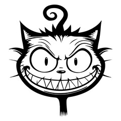 Creepy grinning cat with sharp teeth and wild eyes. Black and white silhouette