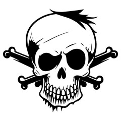 Grim skull with crossed bones in a bold black and white style.