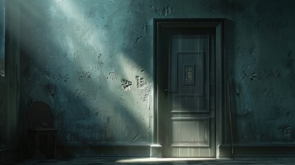 Obraz premium Mysterious Doorway in an Old Room with Sunlight Streaming In Perfect for Mystery Horror and
