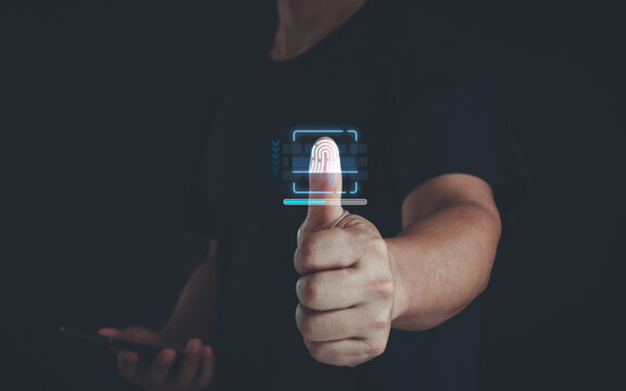 Electronic fingerprint scan verification. Thumbprint access authorize identity. Biometric data identification process. Authorization technology. Security scanning method. Futuristic privacy system.