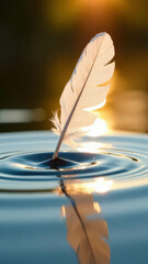 White Feather Floating Above Gentle Ripples in Warm Light