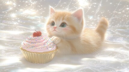 Cute kitten eating a cupcake