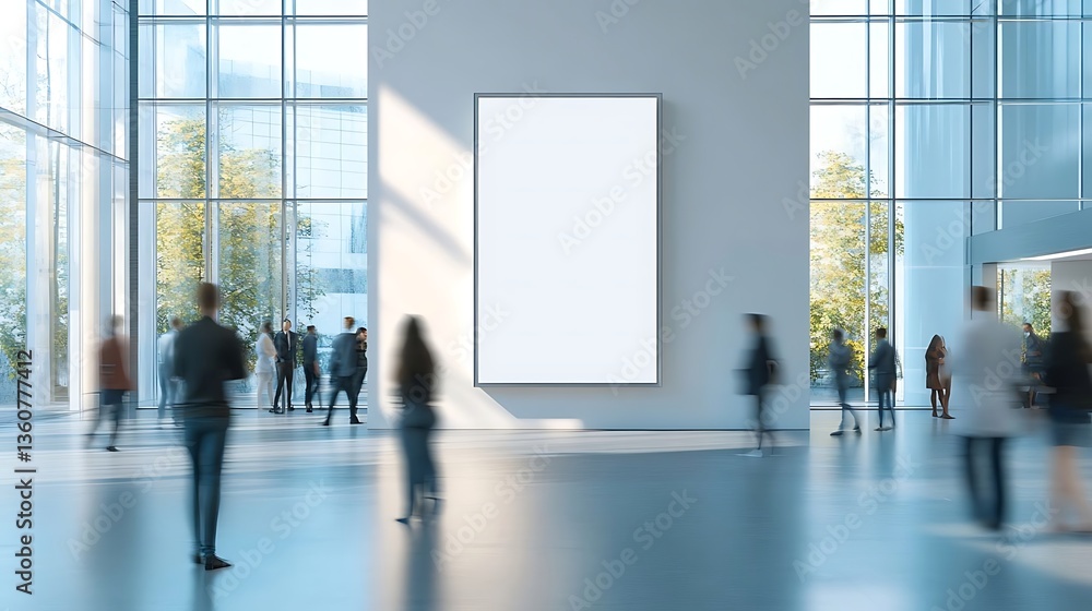 Poster empty white vertical frame in a modern art gallery, surrounded by blurry figures. bright daylight fi