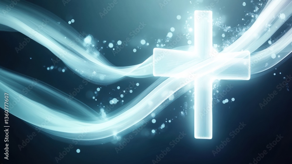 Poster Glowing waveforms merge into a futuristic cross-shaped medical symbol in blue and white gradient Generative AI