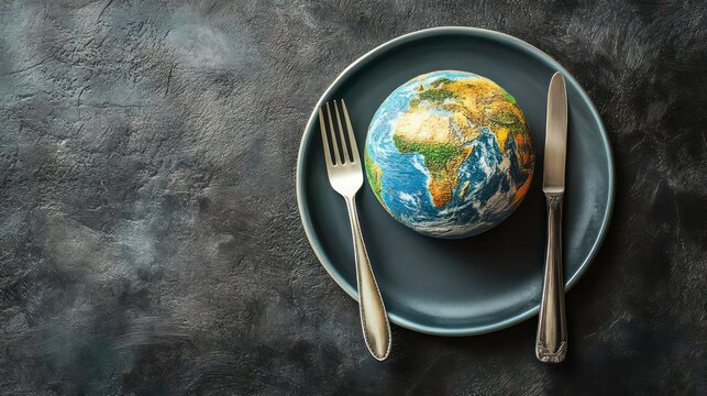 Globe on plate with fork, knife. Eco friendly concept for World Food Day. Healthy eating, global awareness. Sustainable food. Green earth, nature. International event focused on nutrition. Ideal for