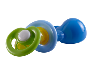 Isolated baby pacifiers create a whimsical and visually appealing composition, conveying themes of comfort, care, infancy and childhood with their vibrant colors and smooth forms
