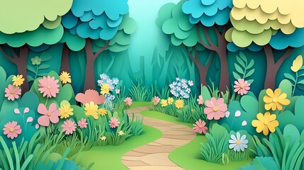 Paper art forest path with spring flowers.