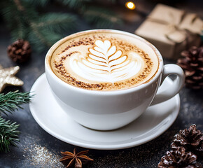 White cup of hot cappuccino coffee on holiday dackground