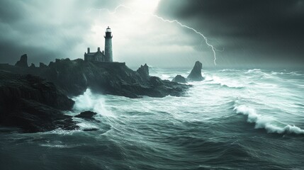 A lighthouse with giant sea tide wave in a hurricane storm.
