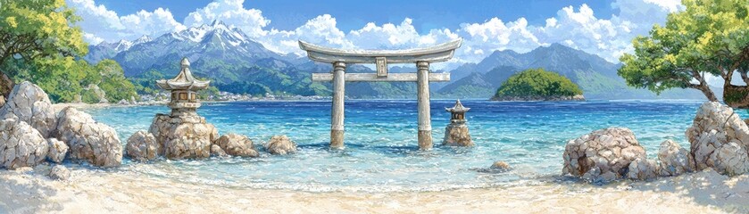 Japanese Beach Torii Gate Seascape, Vacation Background