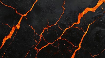 Black background with orange cracks texture, abstract dark marble surface with red veins, flat lay, top view, black and white photography, ideal for design and decoration.