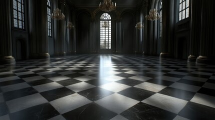 Grand, opulent hall with checkered marble floor. Sunlight streams through large windows