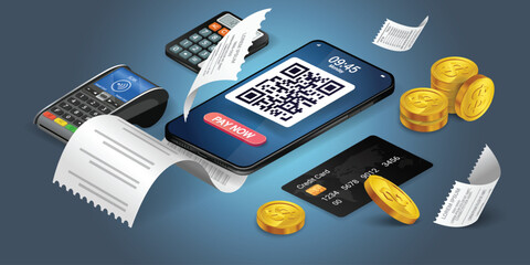 Scan Qr code and pay with mobile phone. Mobile scan QR code pay bill on top of invoice on blue background. Convenient and fast mobile bill payment concept.online transactions, payment,with application