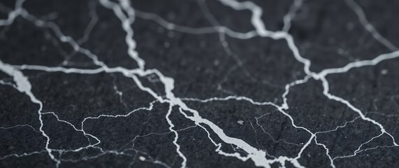 Macro Photograph of Dark Gray Marble with White Veins, High Contrast and Shallow Depth of Field