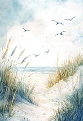 Obraz premium Watercolor painting depicting a serene beach scene with flying birds