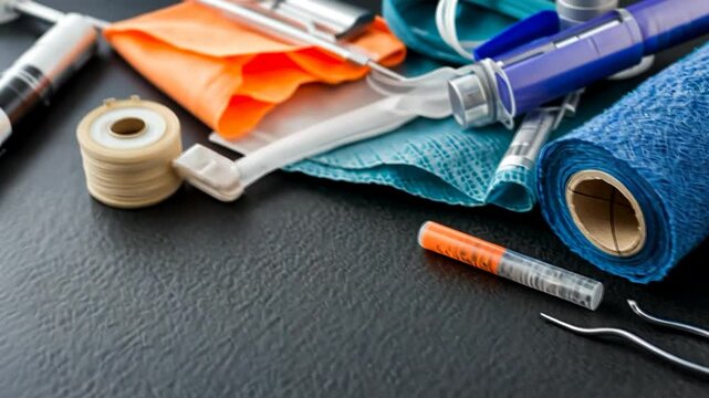 Collection of colorful medical supplies and tools arranged on a dark surface, showcasing various items