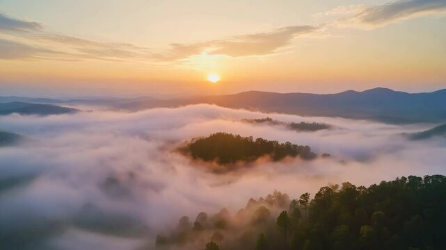 霧に包まれた山と朝日