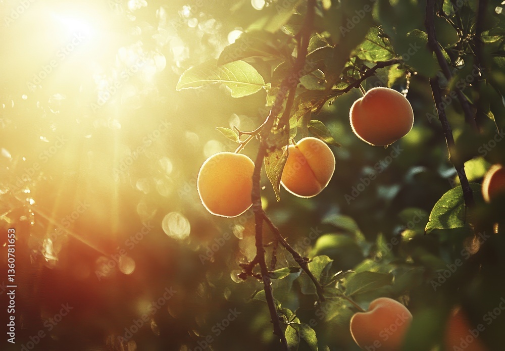 Poster bright and luscious oranges hanging on a tree branch with soft sunshine glowing through leaves in a 