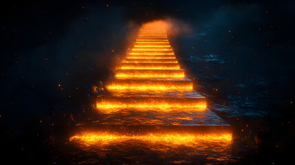A photograph of a glowing, orange staircase descending into a dark, murky water body, with a faint blue light in the background. 