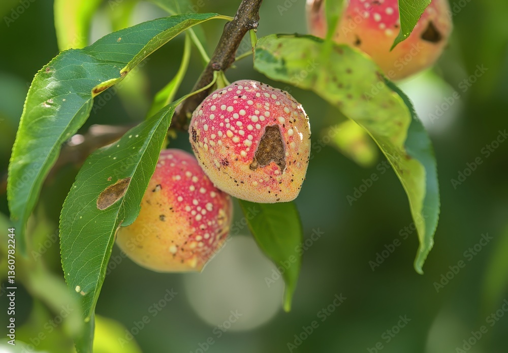 Poster close-up of deformed fruit on tree branch, highlighting unique patterns and colors of nature, with l