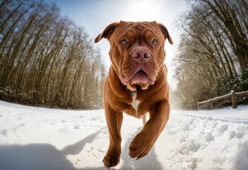 dogue de bordeaux dog playing outdoors on the snow, in the snowy countryside in winter season, doggy playing in the nature, domestic pet in the frozen meadown