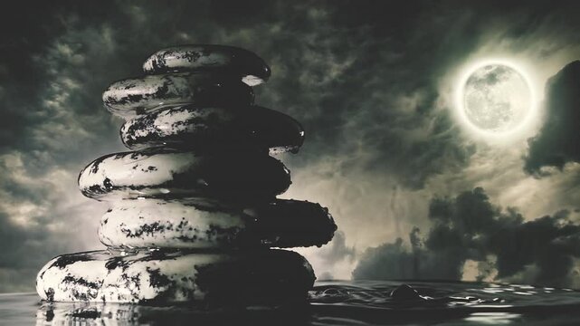 Water drops falling on the surface of the water next to a mountain of flat stones against the background of the night sky with clouds and a full moon. Composite 4k time lapse slow motion video.