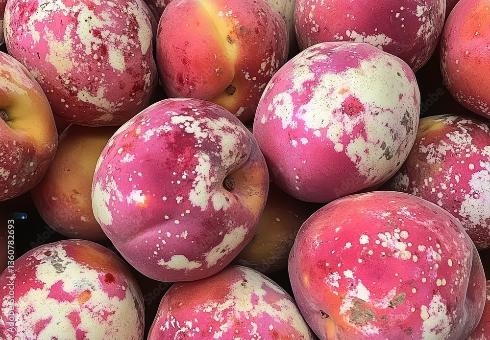 Poster close-up of freshly harvested pink and yellow apples with unique patterns displayed in a rustic farm
