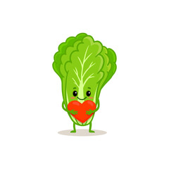 Cute Chinese cabbage character with red heart. Vegetable illustration. Cartoon cabbage in flat style. Food illustration for kids. 