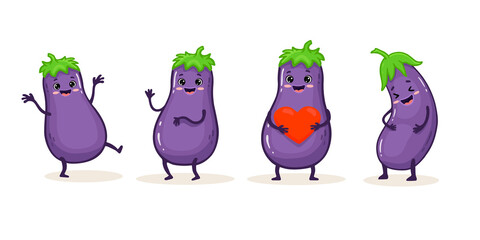 set of cute cartoon eggplant on a white. Funny vegetables in flat style.