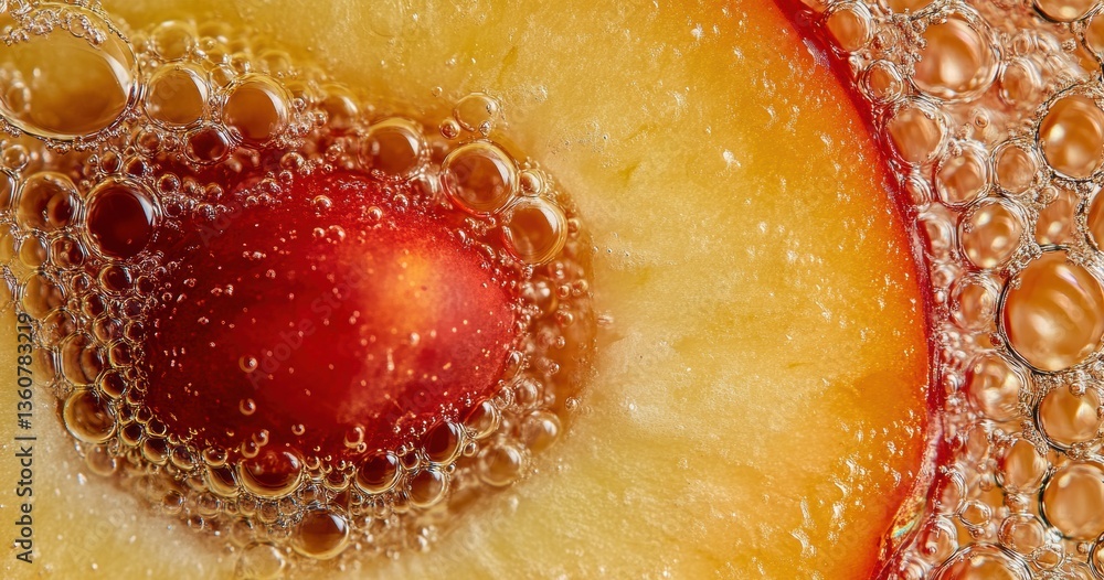 Aufkleber close-up view of a juicy peach slice in sparkling water with tiny bubbles reflecting light, creating