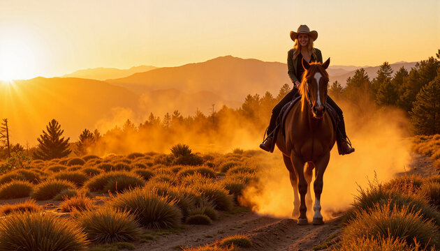 Cowgirl riding horse during sunset in mountainous landscape
