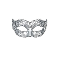Fototapeta premium Beautiful silver masquerade mask with intricate beadwork delicate filigree and a sparkling crystal centerpiece Perfect for mysterious and elegant themes