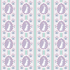 Seamless stripe pattern with white rabbit and pansy flower. Easter bunny with pastel color background. Spring wallpaper design. Green, Purple. 