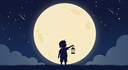 A silhouette of a child holding a lantern against a bright full moon in a starry night sky, evoking a sense of wonder and tranquility