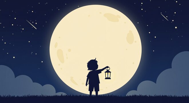 A silhouette of a child holding a lantern against a bright full moon in a starry night sky, evoking a sense of wonder and tranquility