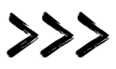 Three bold, grunge style brush stroke arrows pointing to the right isolated on transparent background, symbolizing direction, progress, or movement. Vector art.