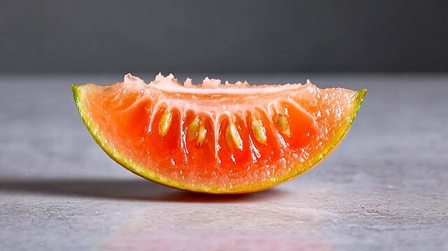 Freshly cut slice of juicy melon showcasing vibrant colors against a minimalist background