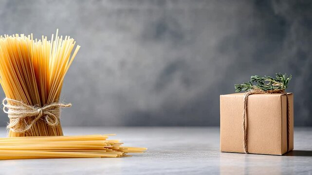 A bundle of uncooked spaghetti beside a beautifully wrapped gift box with herbs on top