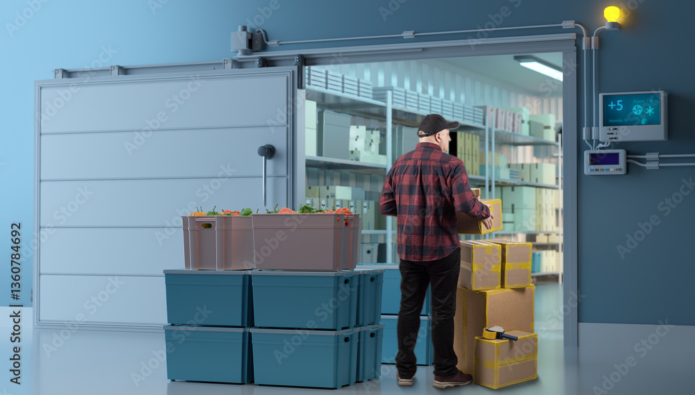 Poster man stands at the entrance of a refrigerated storage room with stacked boxes and crates of produce, 