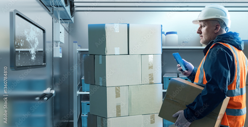 Poster worker in a safety helmet and reflective vest checks inventory using a mobile device inside a cold s