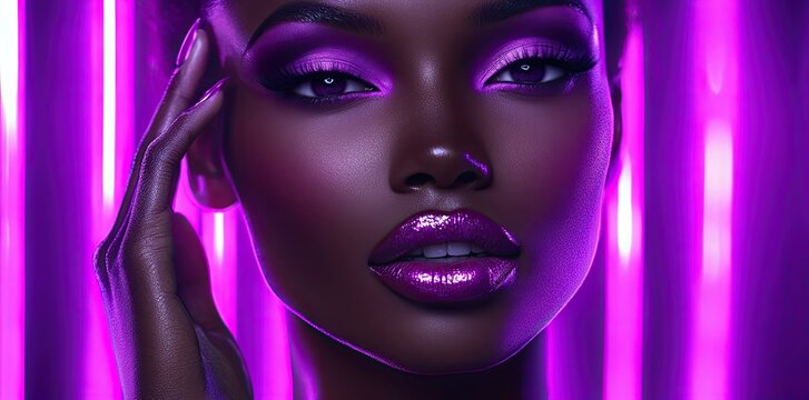 A fashion model with a painted face and UV-reactive makeup, glowing under neon lights. The colorful body art design creates a captivating portrait, perfectly contrasted by the dark background - Powered by Adobe
